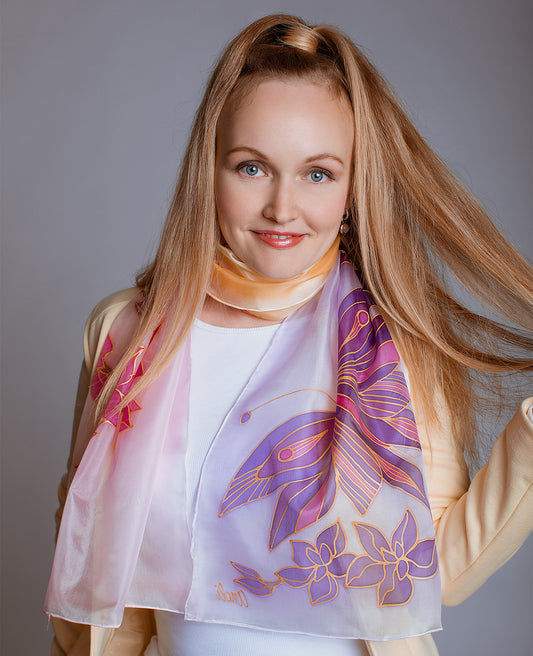 Purple Butterfly Hand Painted Silk Scarf