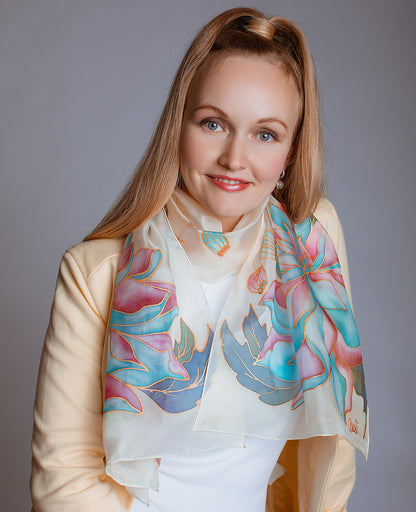 Peony Flowers Hand Painted Silk Scarf