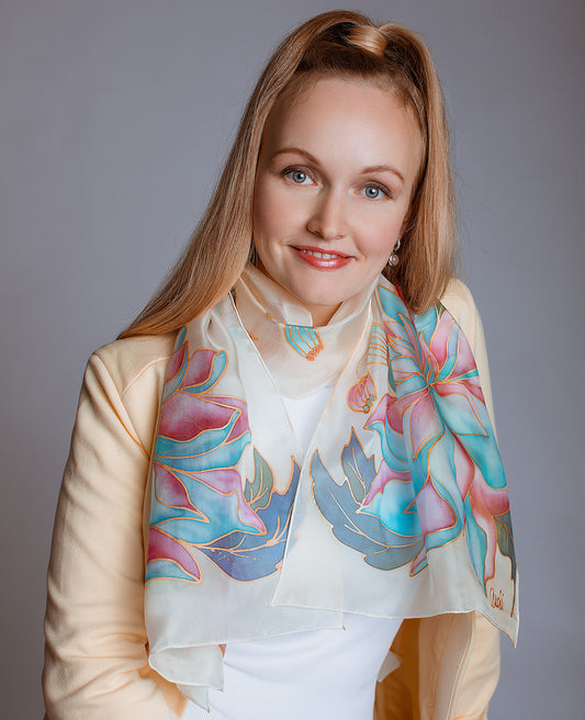 Peony Flowers Hand Painted Silk Scarf