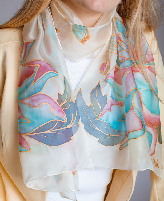Peony Flowers Hand Painted Silk Scarf