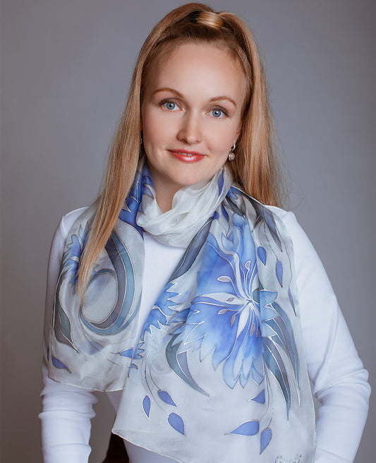 Blue Cornflowers Hand Painted Silk Scarf