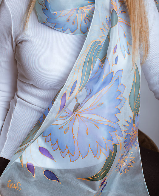 Purple Cornflowers Hand Painted Silk Scarf