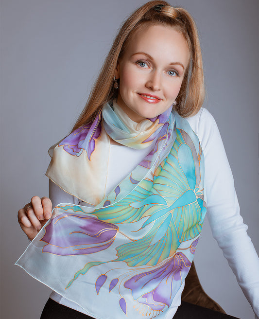 Green Butterfly Hand Painted Silk Scarf