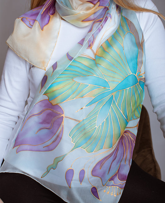 Green Butterfly Hand Painted Silk Scarf