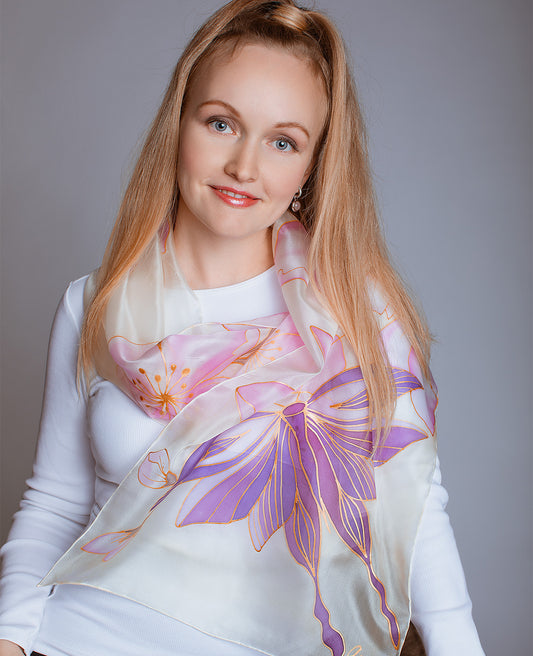 Butterfly and Pink Flowers Hand Painted Silk Scarf