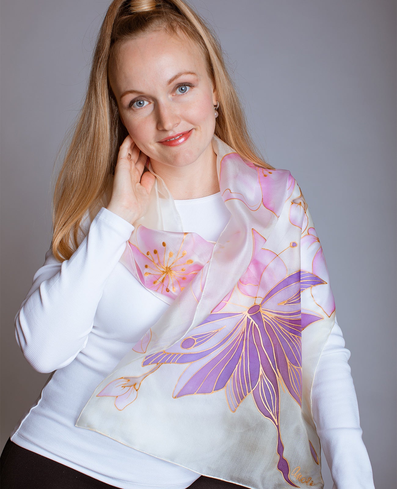 Butterfly and Pink Flowers Hand Painted Silk Scarf
