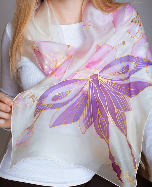 Butterfly and Pink Flowers Hand Painted Silk Scarf