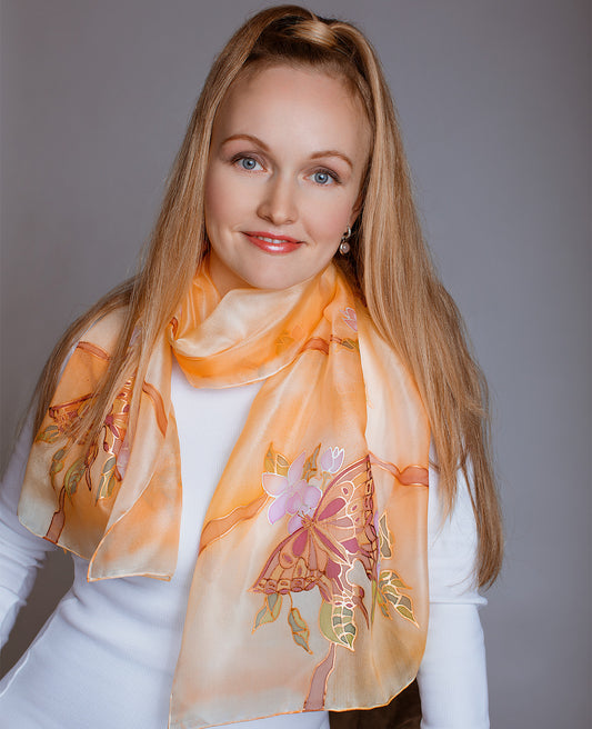 Butterfly (yellow-orange) Hand Painted Silk Scarf