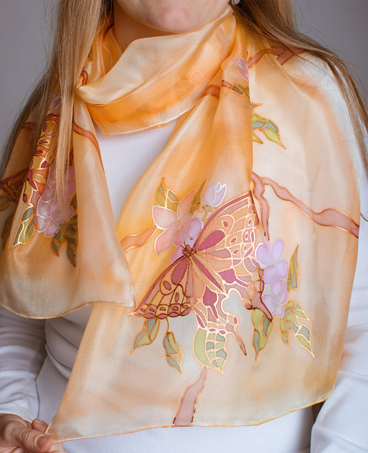 Butterfly (yellow-orange) Hand Painted Silk Scarf