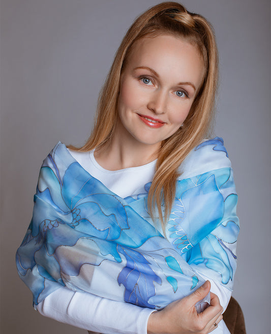 Blue Peony Hand Painted Silk Scarf
