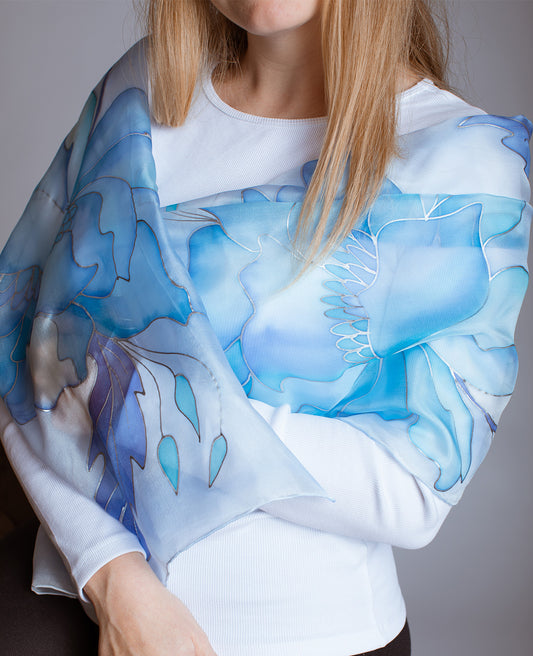 Blue Peony Hand Painted Silk Scarf