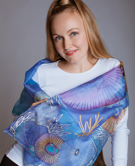 Deep Sea Hand Painted Silk Scarf