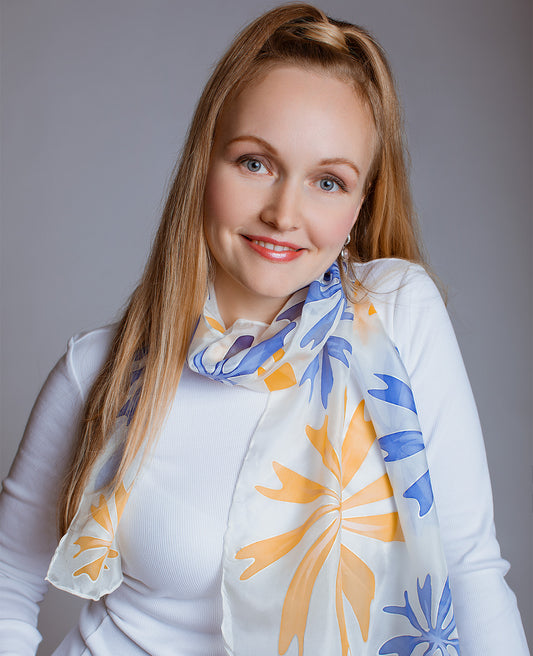 Yellow & Blue Hand Painted Silk Scarf