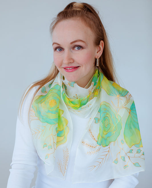 Green Flowers Hand Painted Silk Scarf