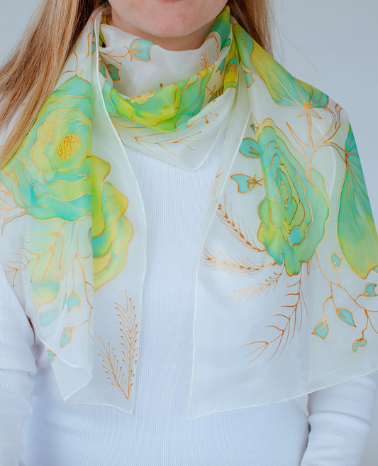 Green Flowers Hand Painted Silk Scarf