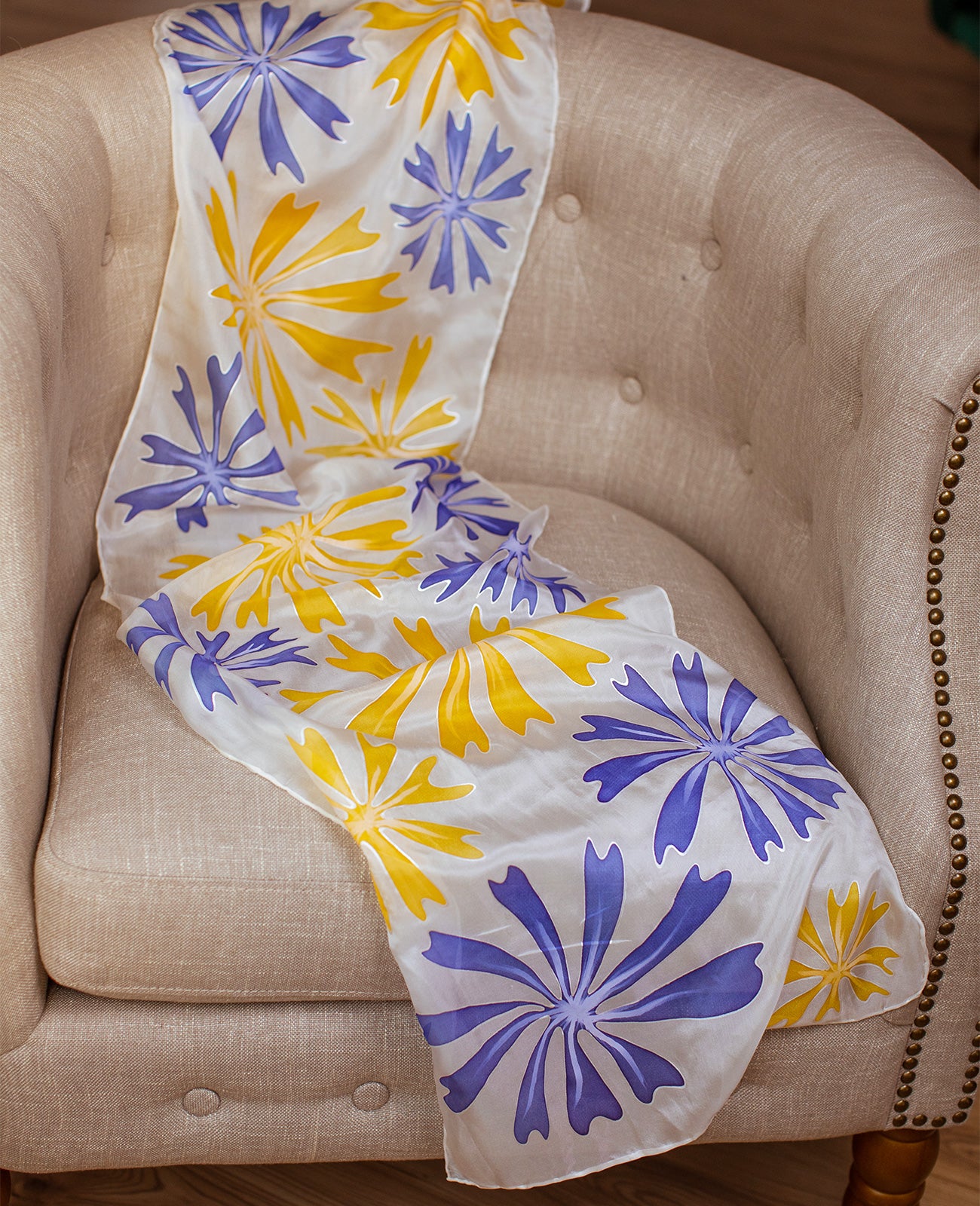 Yellow & Blue Hand Painted Silk Scarf