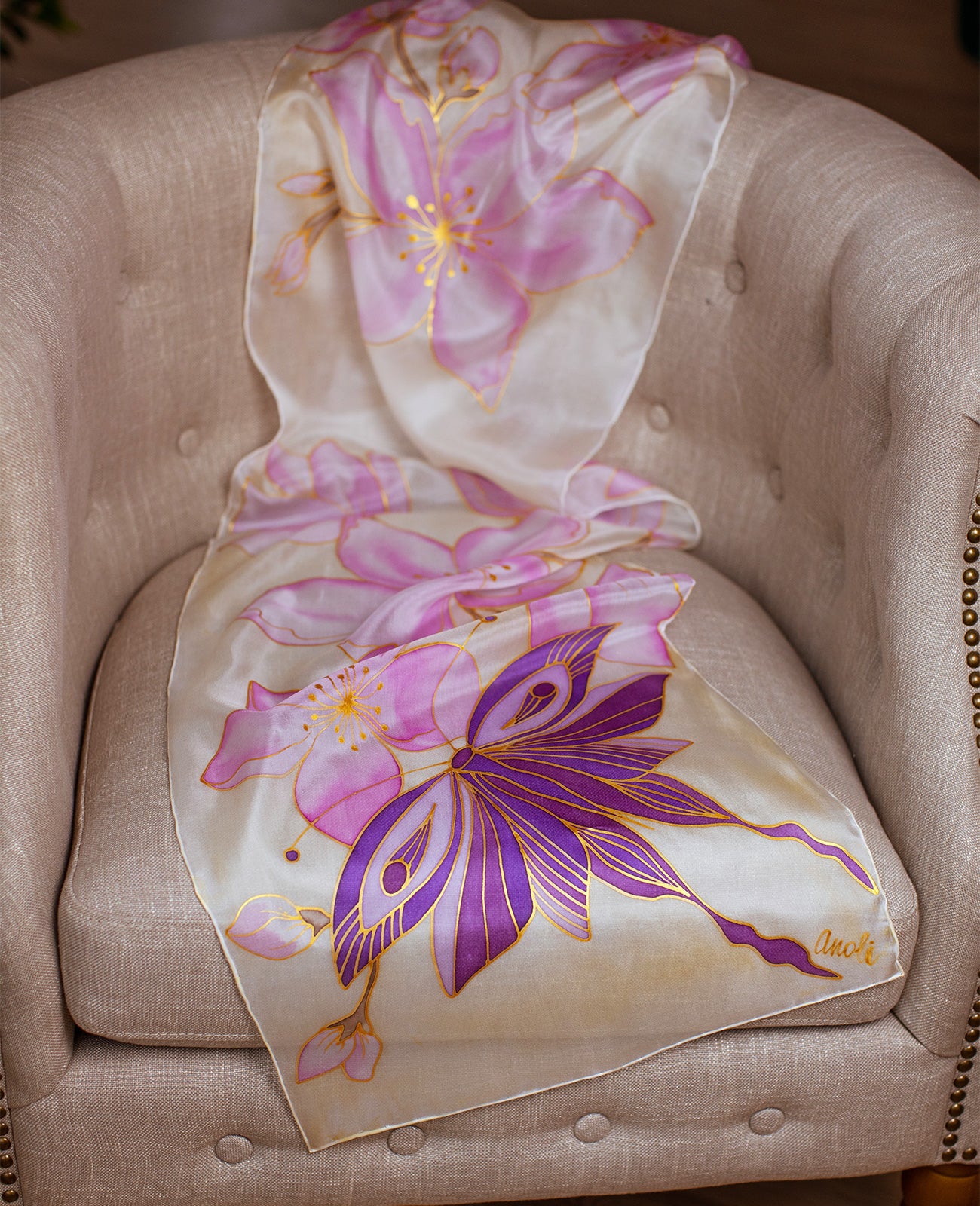 Butterfly and Pink Flowers Hand Painted Silk Scarf