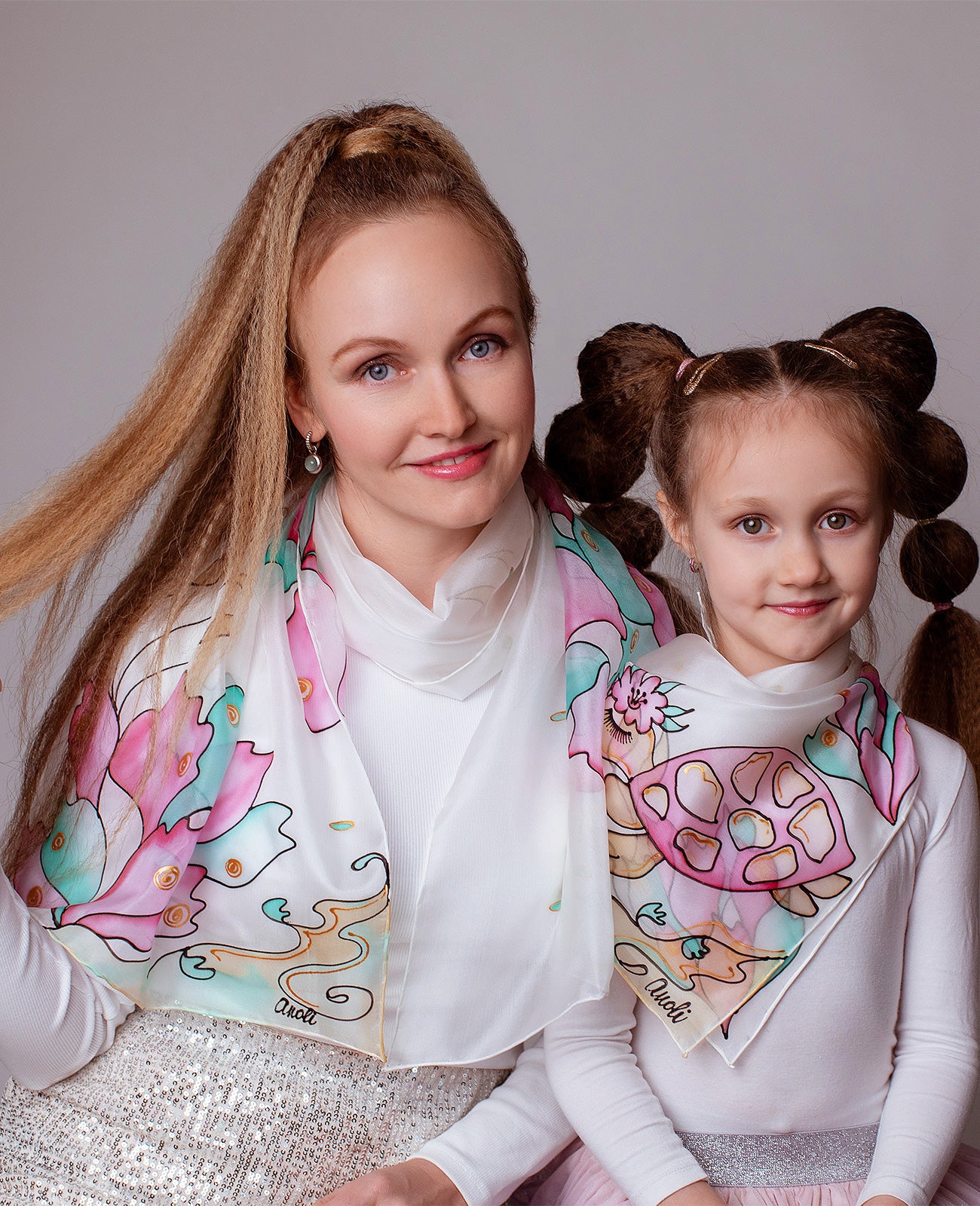 Turtle and Delicate Petals Hand Painted Silk Scarves set - Mother & Daughter