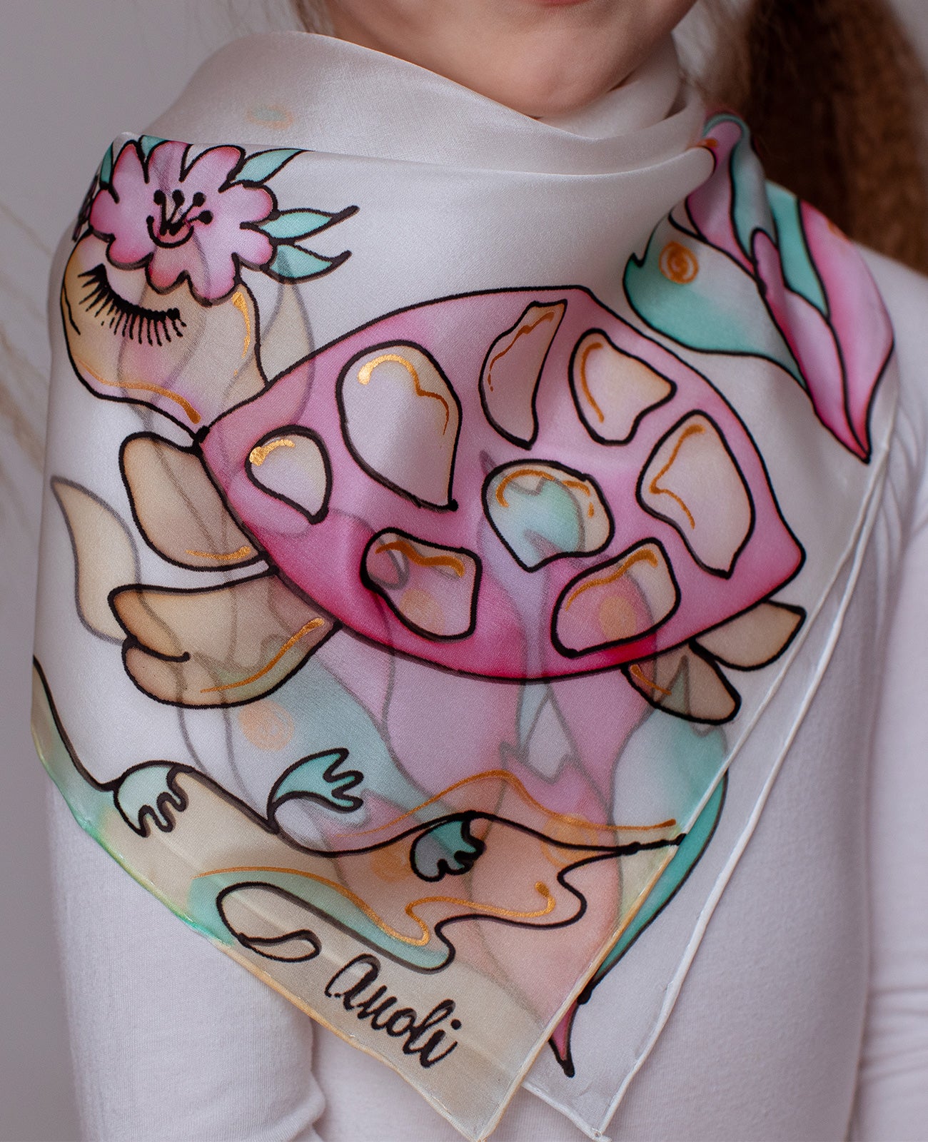 Turtle and Delicate Petals Hand Painted Silk Scarves set - Mother & Daughter