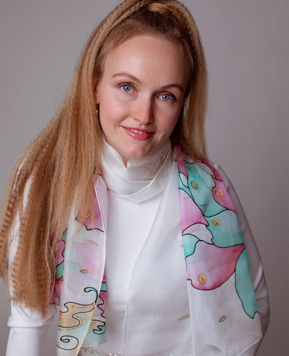 Turtle and Delicate Petals Hand Painted Silk Scarves set - Mother & Daughter