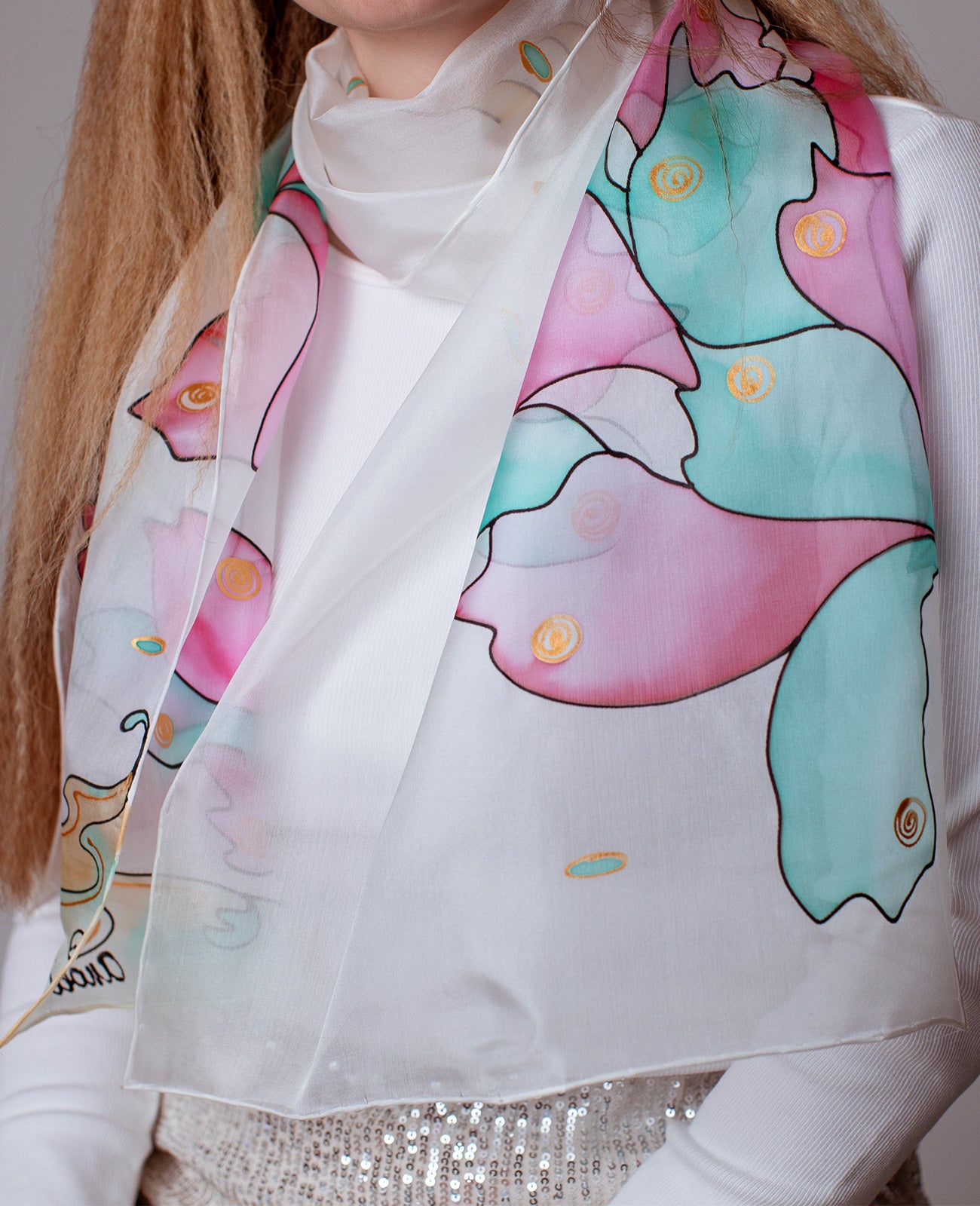 Turtle and Delicate Petals Hand Painted Silk Scarves set - Mother & Daughter