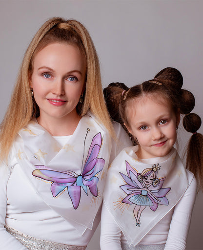 Purple Fairy and Purple Butterfly Hand Painted Silk Scarve Set - Mother & Daughter
