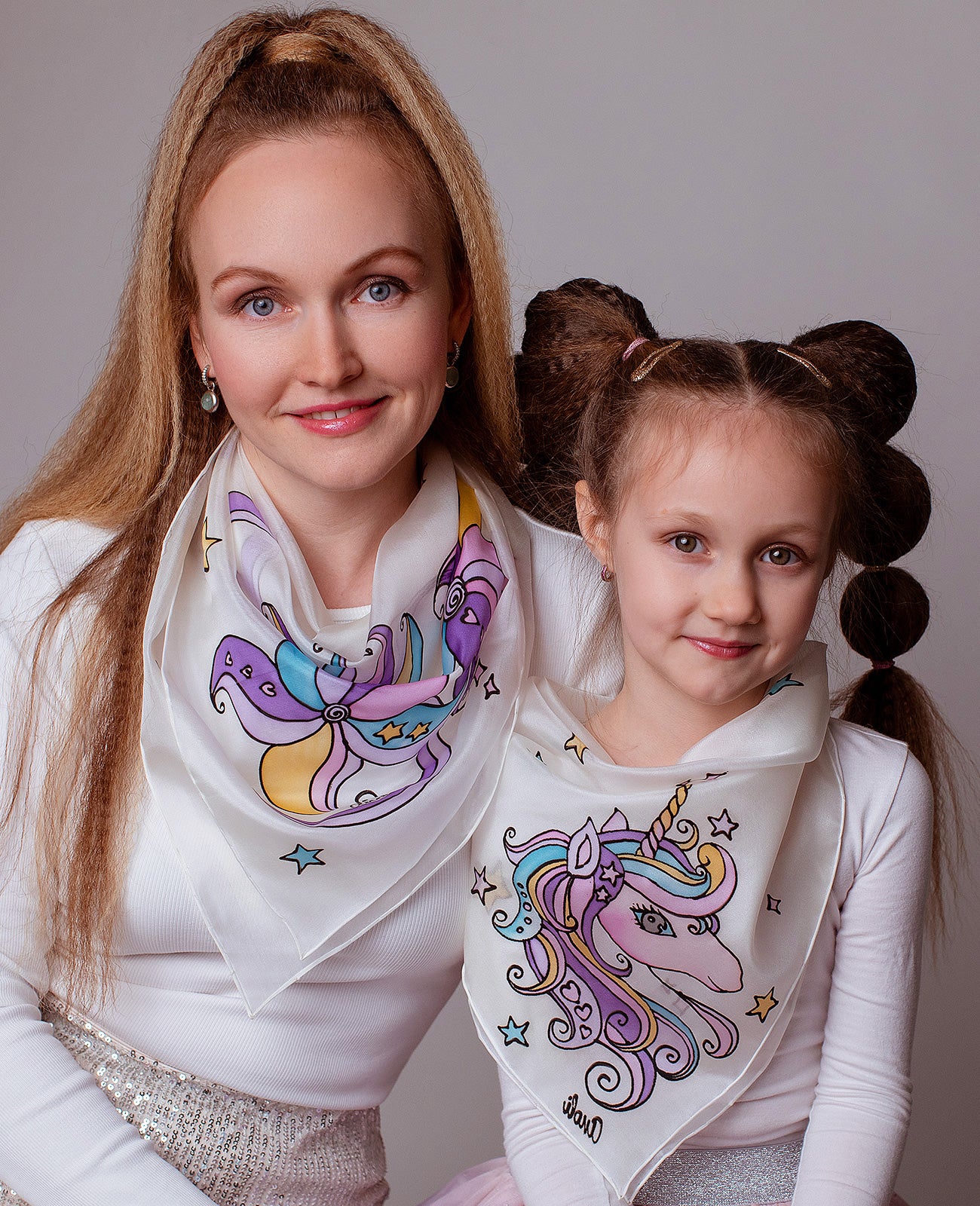 Unicorn and Flower Hand Painted Silk Scarves Set - Mother and Daughter