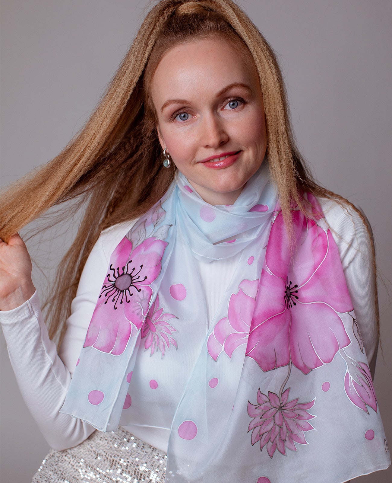 Pink Flowers Hand Painted silk Scarves Set - Mother & Daughter