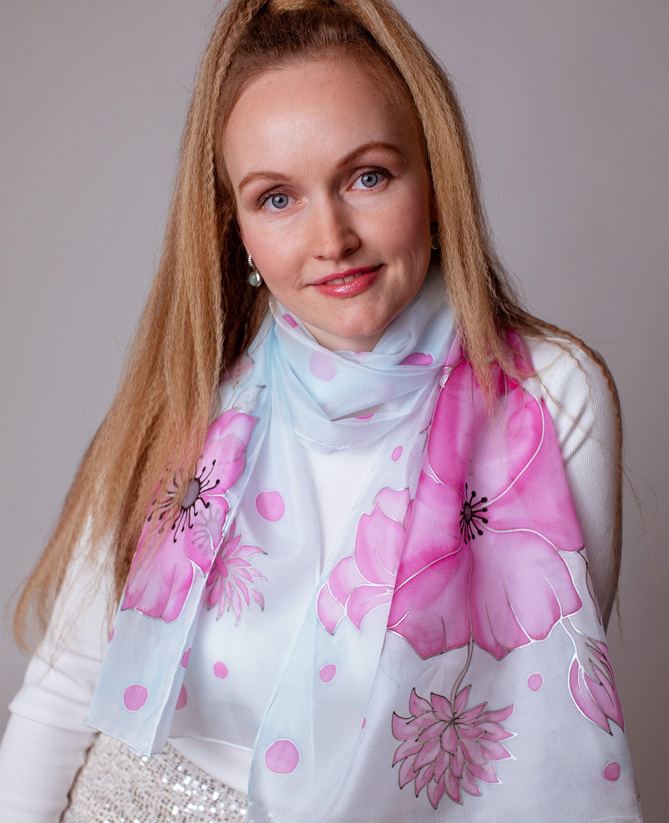 Pink Flowers Hand Painted silk Scarves Set - Mother & Daughter