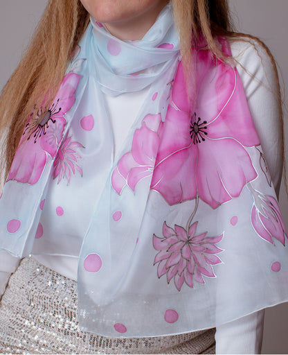 Pink Flowers Hand Painted silk Scarves Set - Mother & Daughter