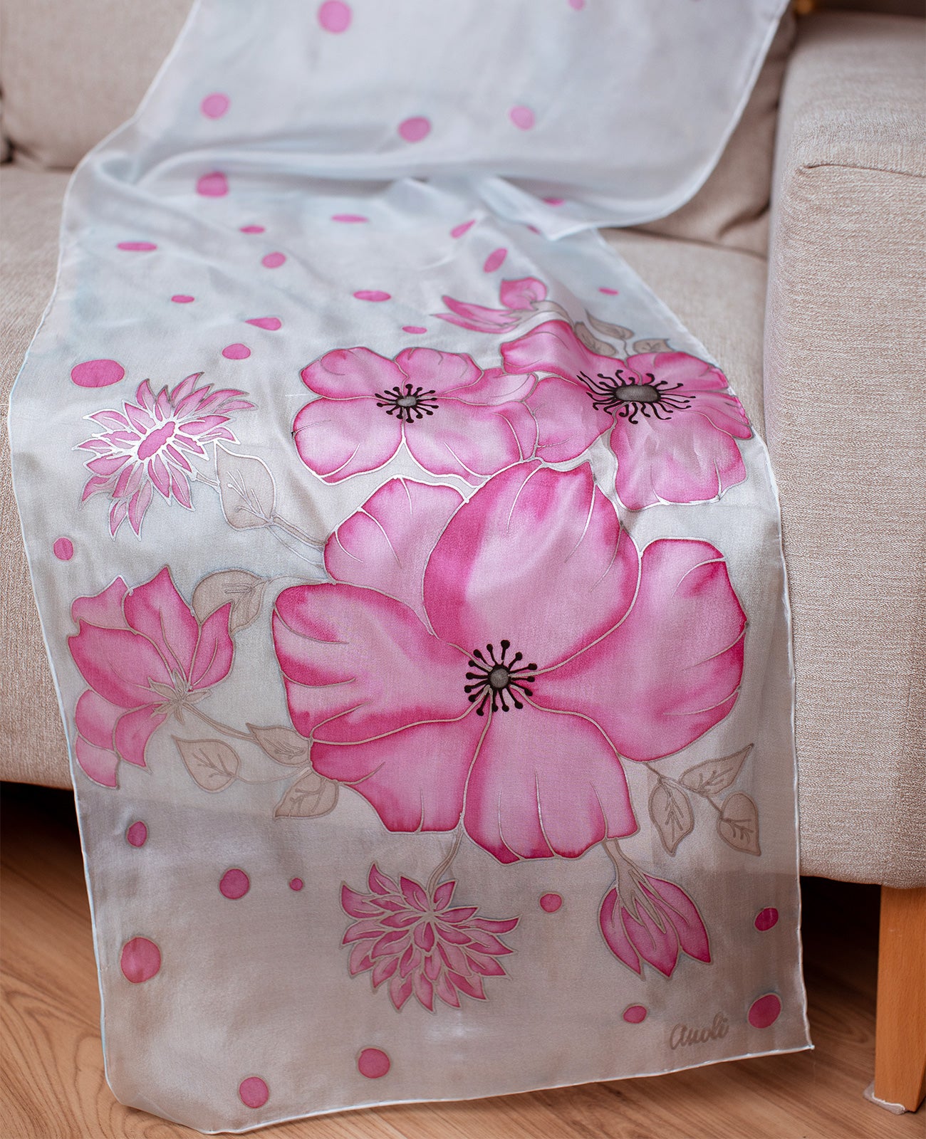 Pink Flowers Hand Painted silk Scarves Set - Mother & Daughter
