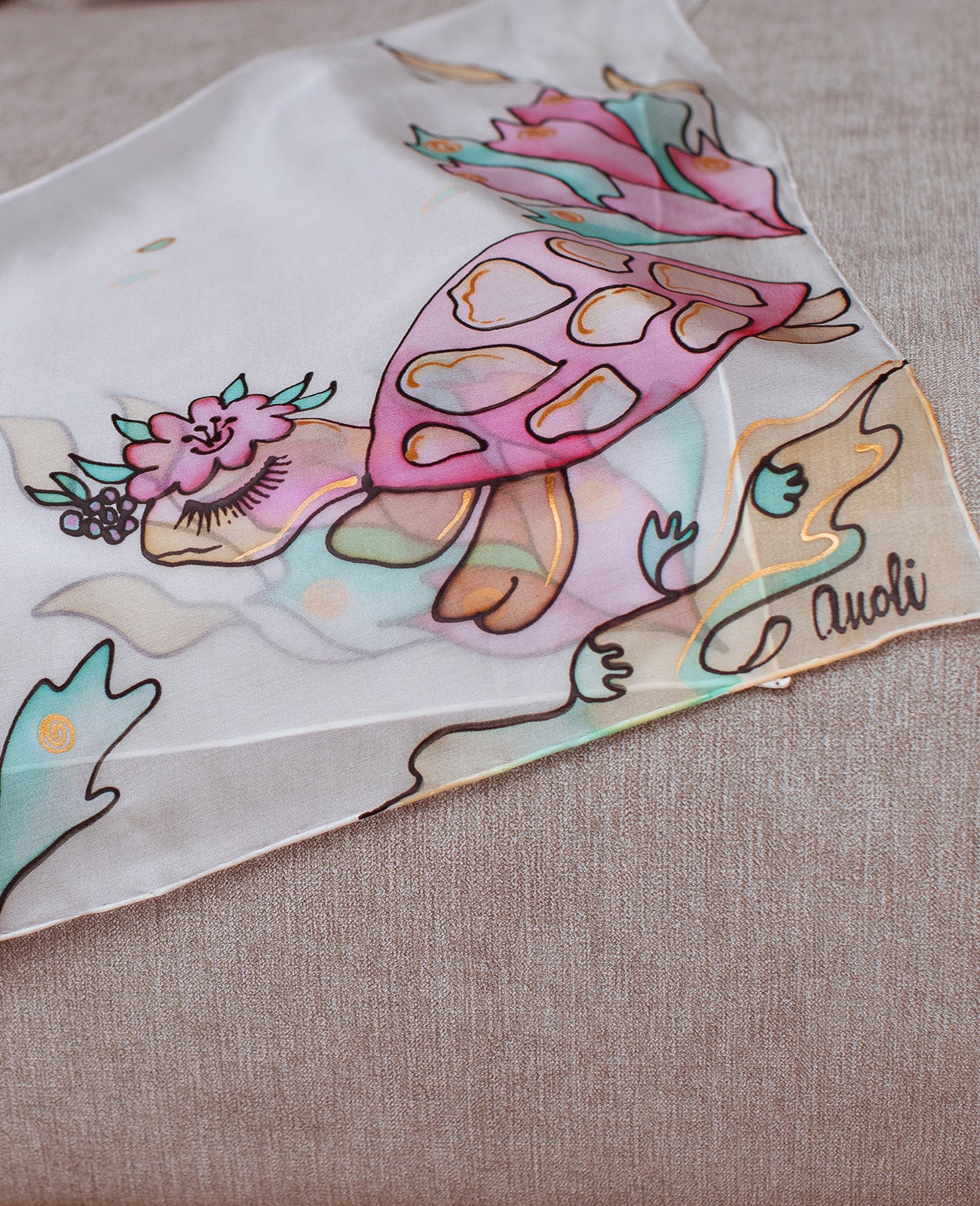 Turtle and Delicate Petals Hand Painted Silk Scarves set - Mother & Daughter
