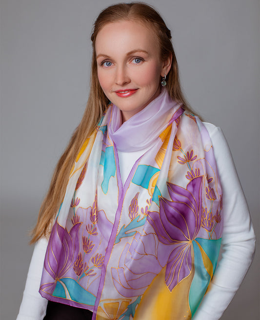 Lavender and lemons Hand Painted Silk Scarf
