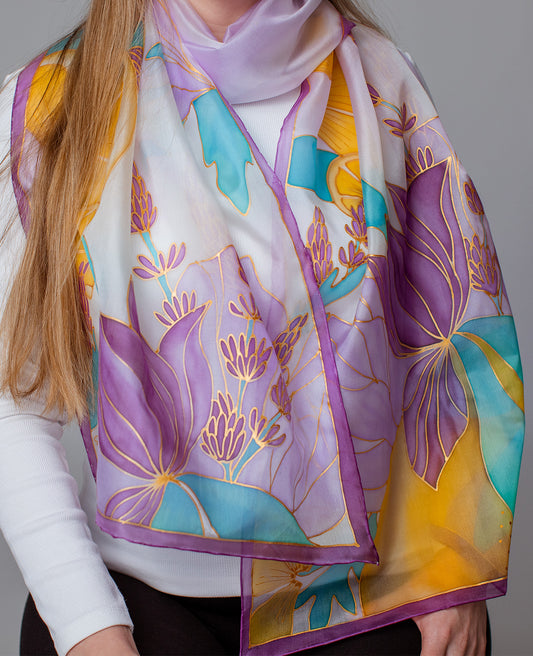 Lavender and lemons Hand Painted Silk Scarf