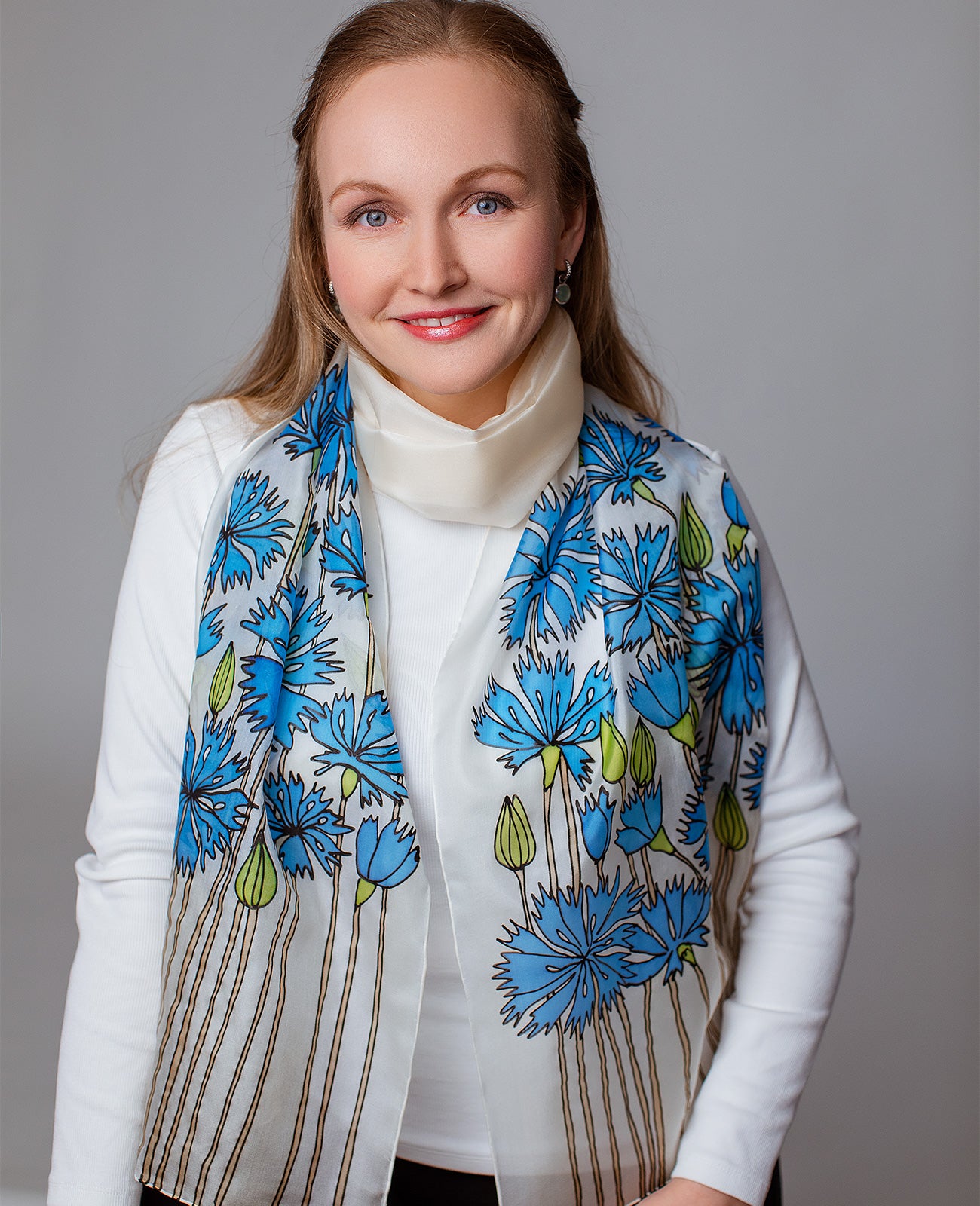 Blue Cornflowers 2 Hand Painted Silk Scarf