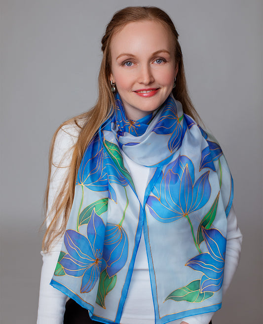 Delicate Flowers Hand Painted Silk Scarf