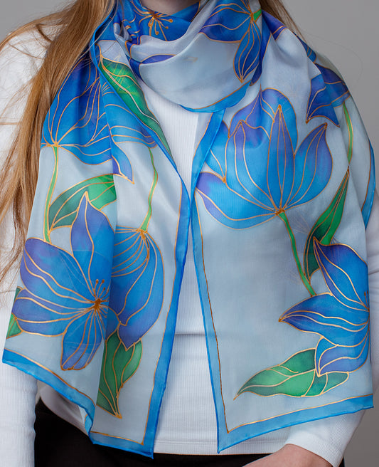 Delicate Flowers Hand Painted Silk Scarf