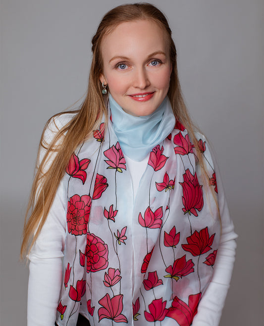Red Flowers Hand Painted Silk Scarf