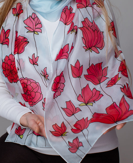 Red Flowers Hand Painted Silk Scarf