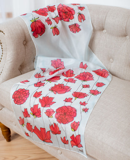 Red Flowers Hand Painted Silk Scarf