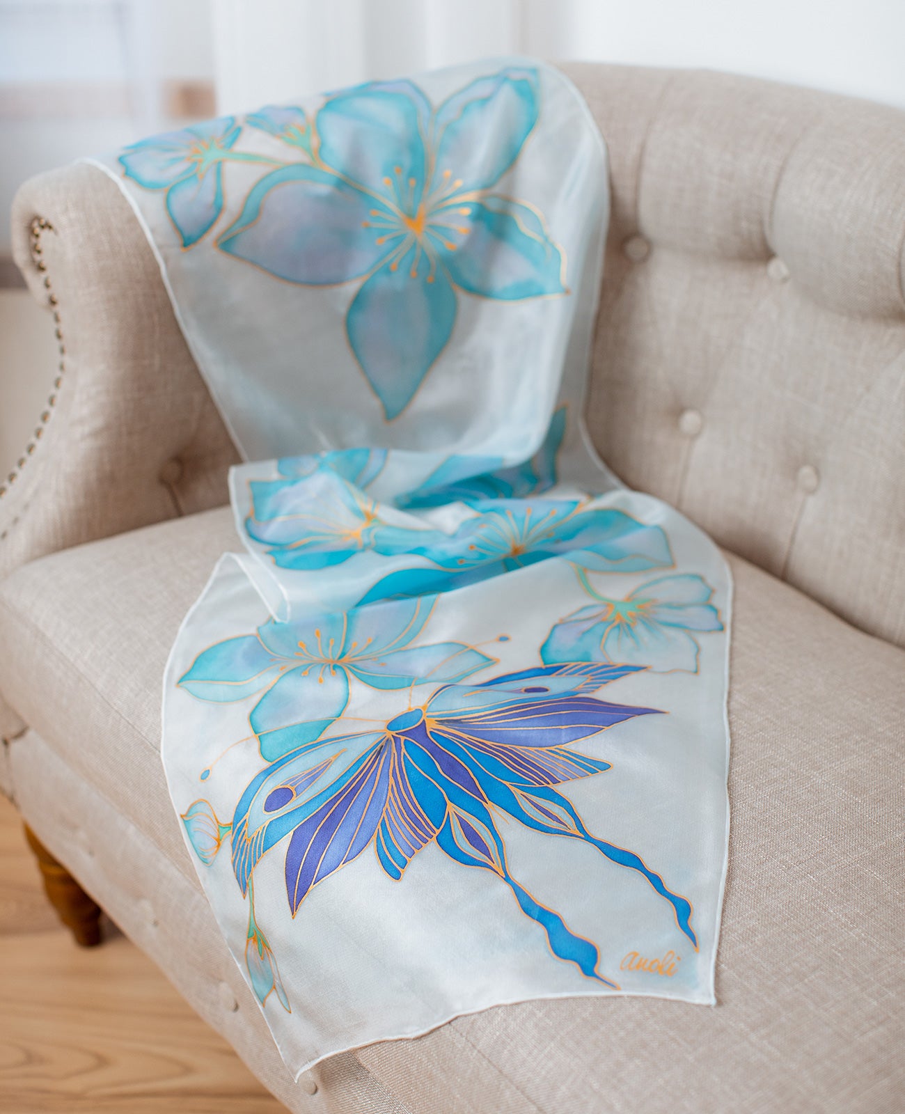 Luxury blue butterfly Hand Painted Silk Scarf