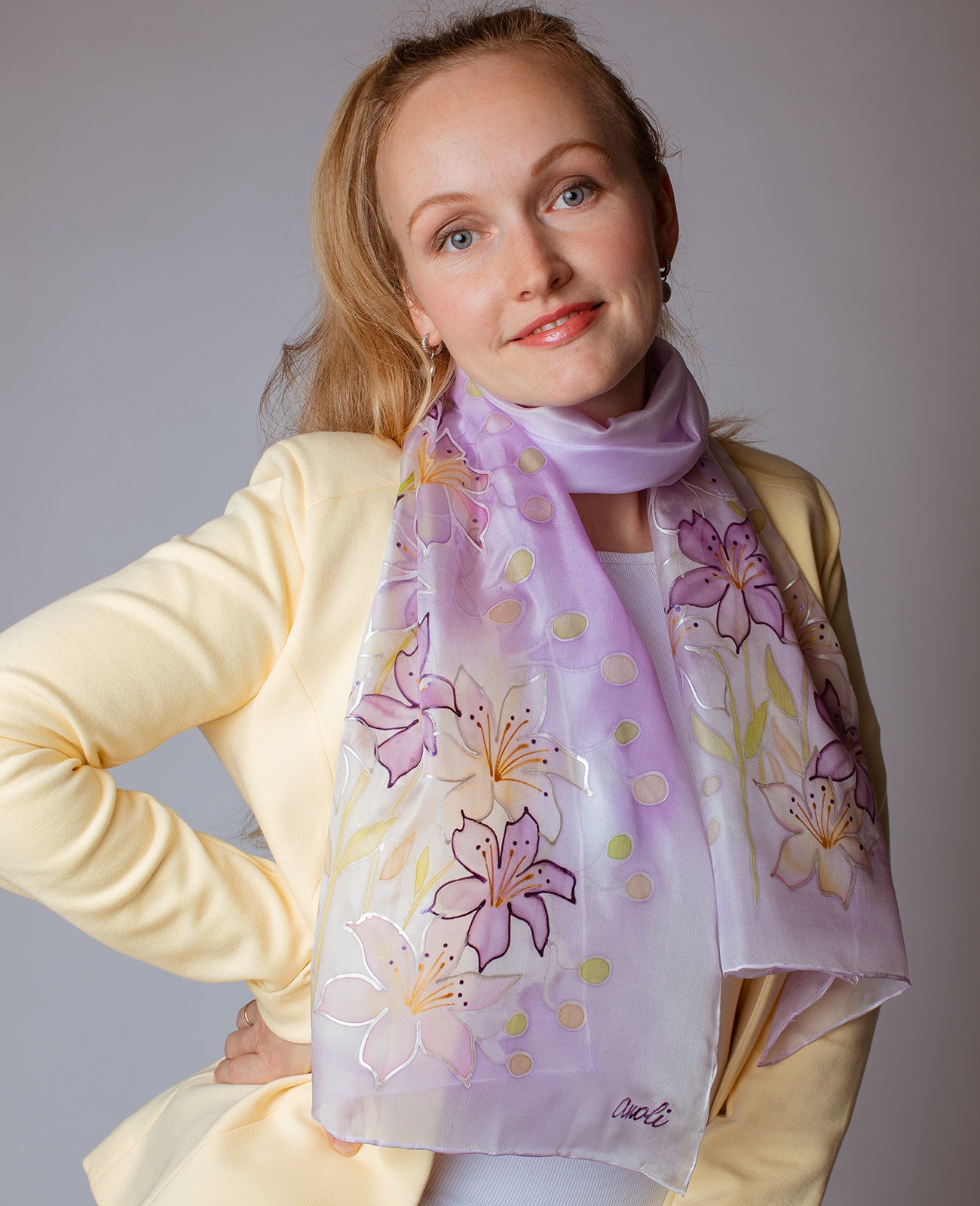 Purple Lily Hand Painted Silk Scarf