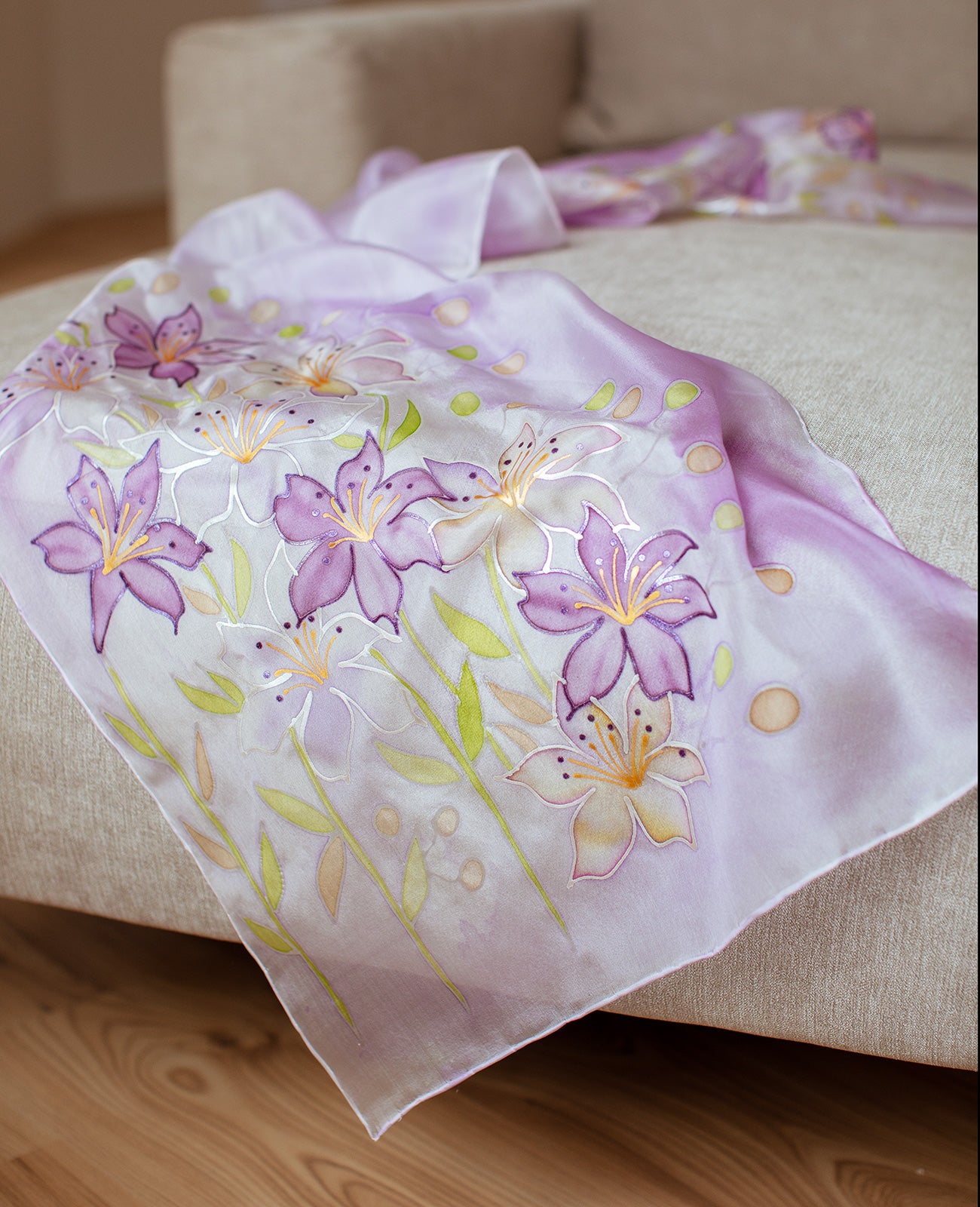Purple Lily Hand Painted Silk Scarf