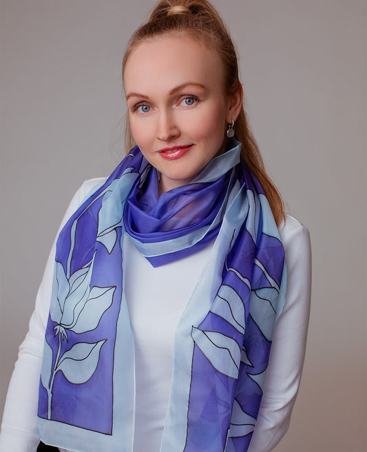 Blue Flower Hand Painted Silk Scarf