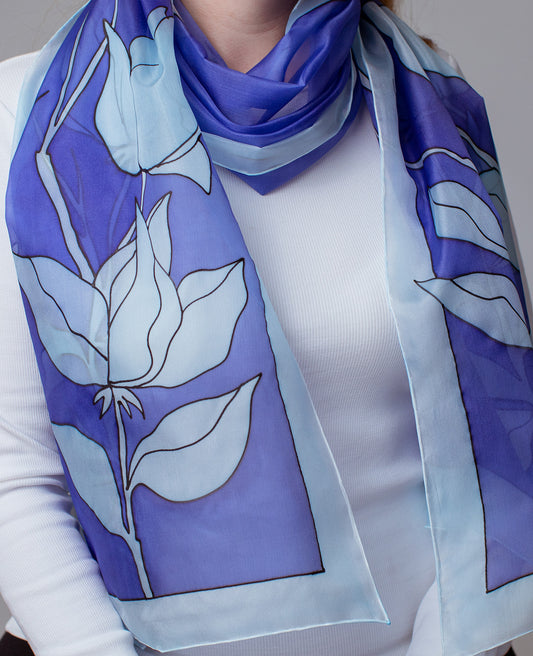 Blue Flower Hand Painted Silk Scarf
