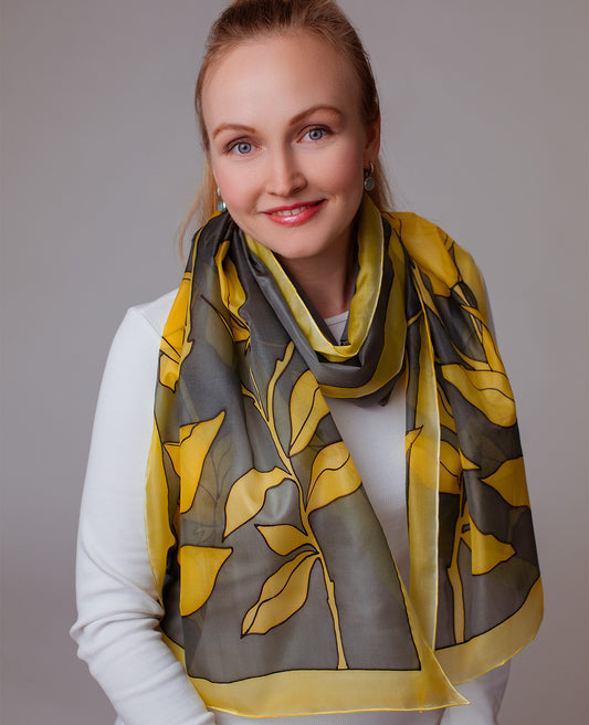 Yellow-Black Flower Hand Painted Silk Scarf