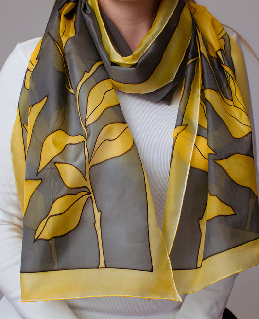 Yellow-Black Flower Hand Painted Silk Scarf
