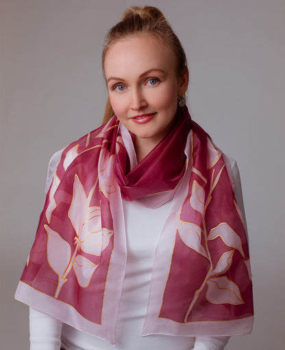 Pink-Red Flower Hand Painted Silk Scarf
