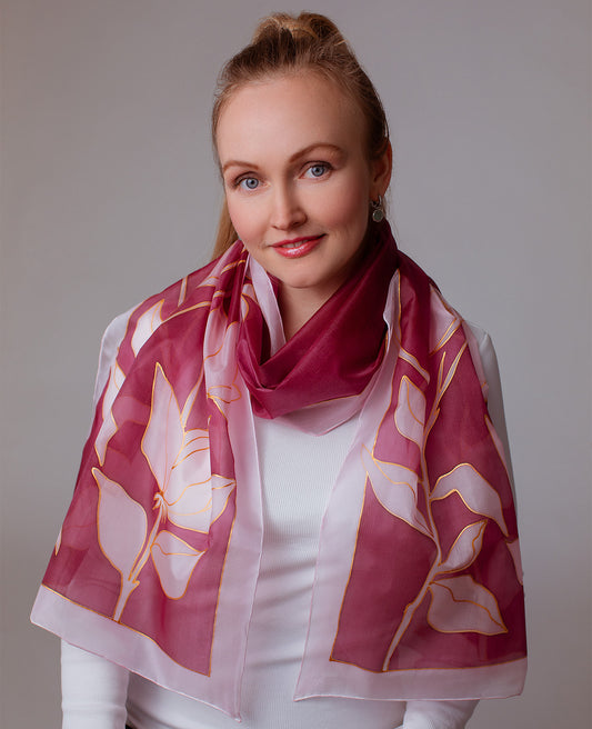 Pink-Red Flower Hand Painted Silk Scarf
