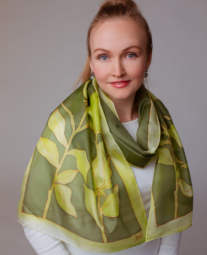 Green Flower Hand Painted Silk Scarf